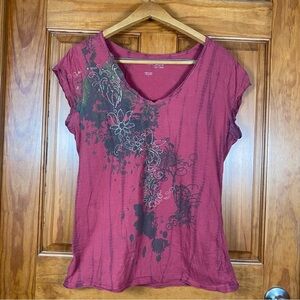 Calvin Klein Jeans Cap Sleeved V-neck Pink Cotton Top with Floral Design